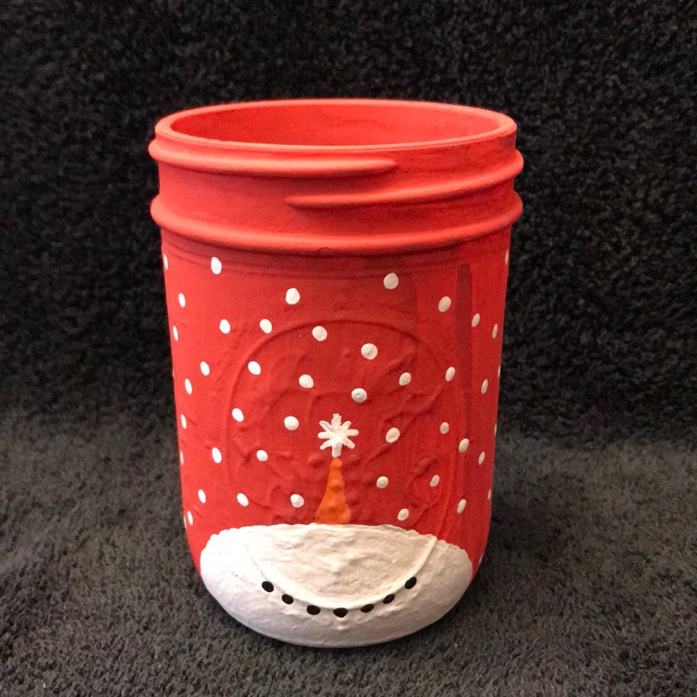 Hand Painted Ball Mason Jar Snowman In Red